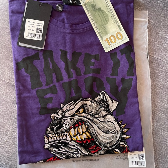 Avenue George V Paris Men's purple T-Shirt Crystal rhinestone bulldog fitted tee - Picture 7 of 8